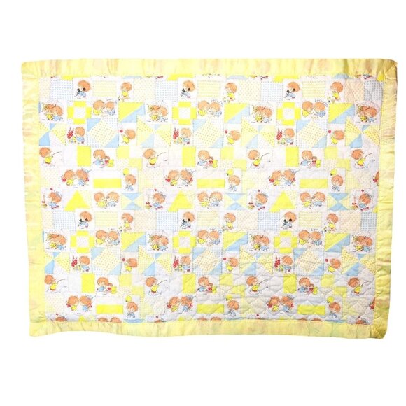 Vintage Patchwork Print Baby Quilt Child Yellow Little Lil Shavers 1970 Satin - Picture 2 of 13